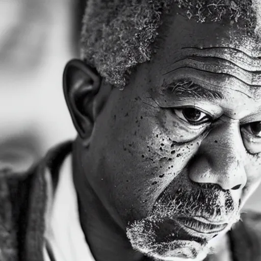 Image similar to a candid portrait photograph of Kanye West starring as Old man Morgan Freeman, in the style of Chi Mondu, shallow depth of field, 40mm lens