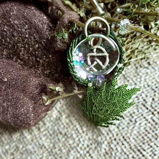 Prompt: a detailed product photograph of a tiny magical charm enchantment that bestows abundance and playfulness and that friday feeling, made with tiny delica beads and glitter thread and herbs, organic olive green tones, light leaks