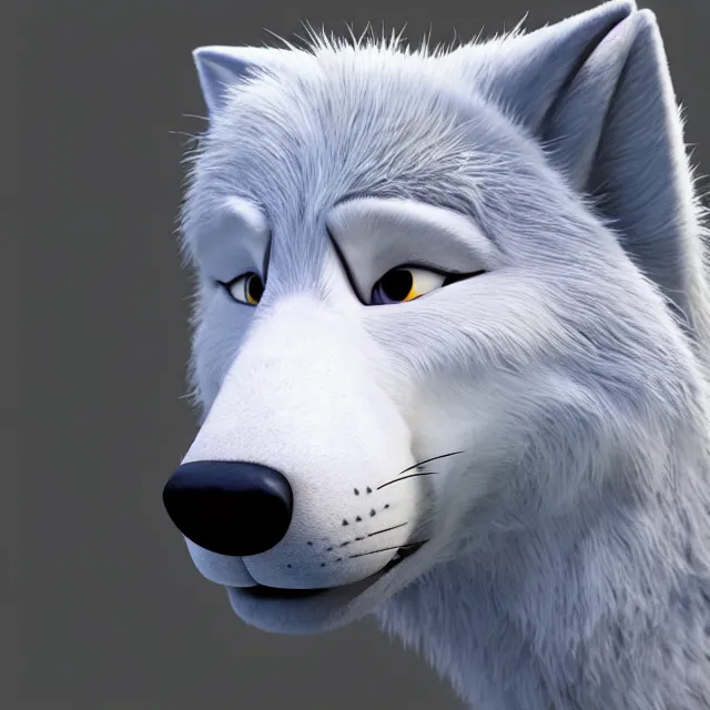 Image similar to portrait headshot of a handsome male white wolf in the style of zootopia, disney, volumetric lighting, subsurface scattering, photorealistic, octane render, random artists