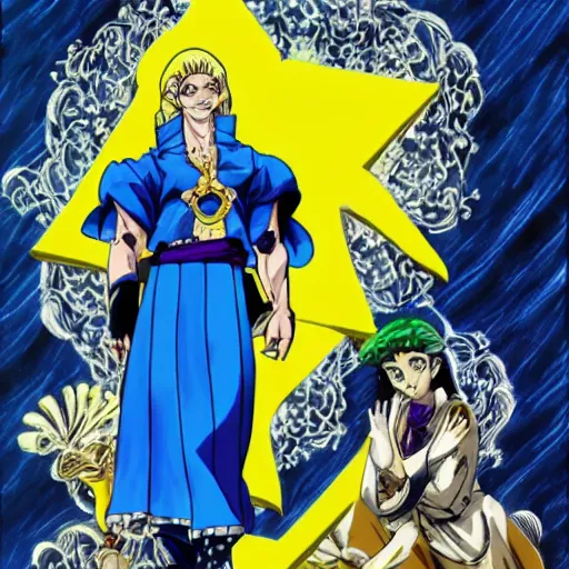 Image similar to a jojo's bizarre adventure manga artstyle drawing : Marie the mother of Jesus dressing blue and yellow next to the pyramids