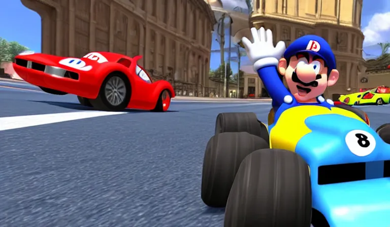 Prompt: steve albini in a bugatti, mario kart, gameplay screenshot