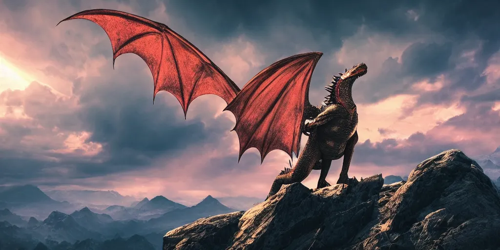 Prompt: A single simple dragon with half open wings breathing fire and standing on the top of a mountain, epic composition, epic lighting, detailed and intricate image, cinematic, 4K