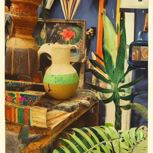 Image similar to An offset photography of a composition of five object on display, colors, (anthropology of wonder), ((((exotic artifacts)))), bauhause, tropicalism, (colonial expedition), three colors, exhibition print, 60s style