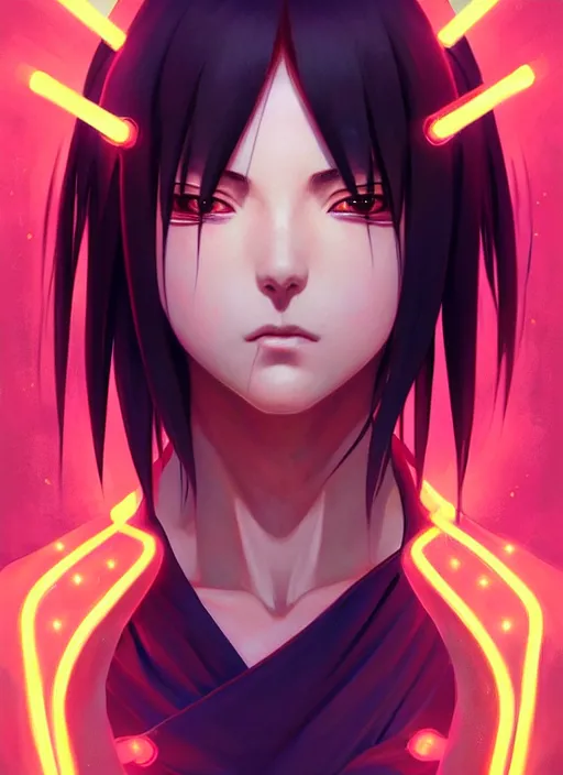 Image similar to symmetry!! itachi, glowing lights!! intricate, elegant, highly detailed, digital painting, artstation, concept art, smooth, sharp focus, illustration, art by artgerm and greg rutkowski and alphonse mucha