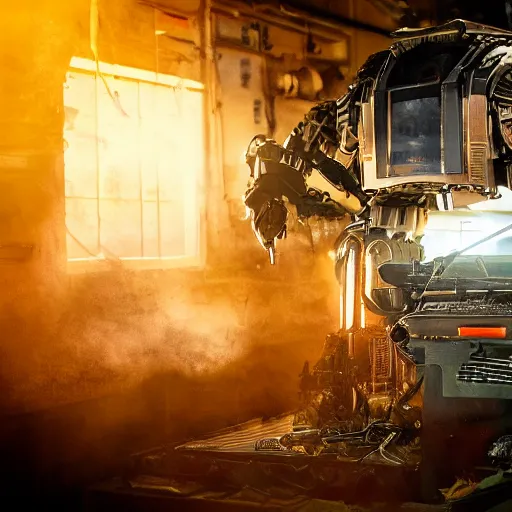 Image similar to head of toaster oven mecha, dark messy smoke - filled cluttered workshop, dark, dramatic lighting, orange tint, cinematic, highly detailed, sci - fi, futuristic, movie still