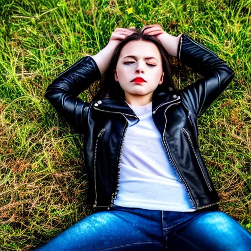 Prompt: young girl lies on a meadow, she wears leather jacket, jeans and knee high black boots, sharp focus, photo taken by nikon, 4 k,