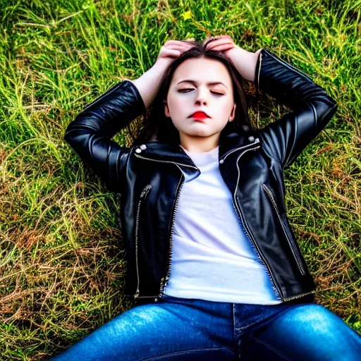 Image similar to young girl lies on a meadow, she wears leather jacket, jeans and knee high black boots, sharp focus, photo taken by nikon, 4 k,