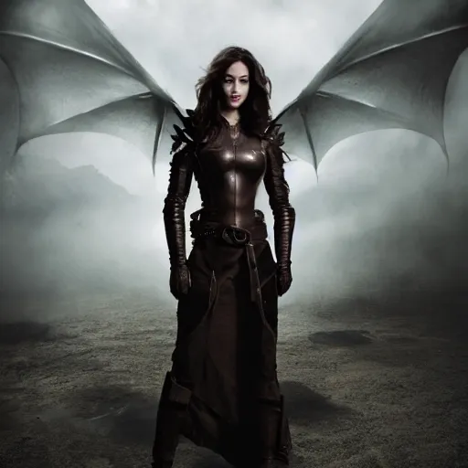 Image similar to a beautiful scared female rogue in a light leather armor who only came to see a dragon, symmetrical, cinematic, real photography