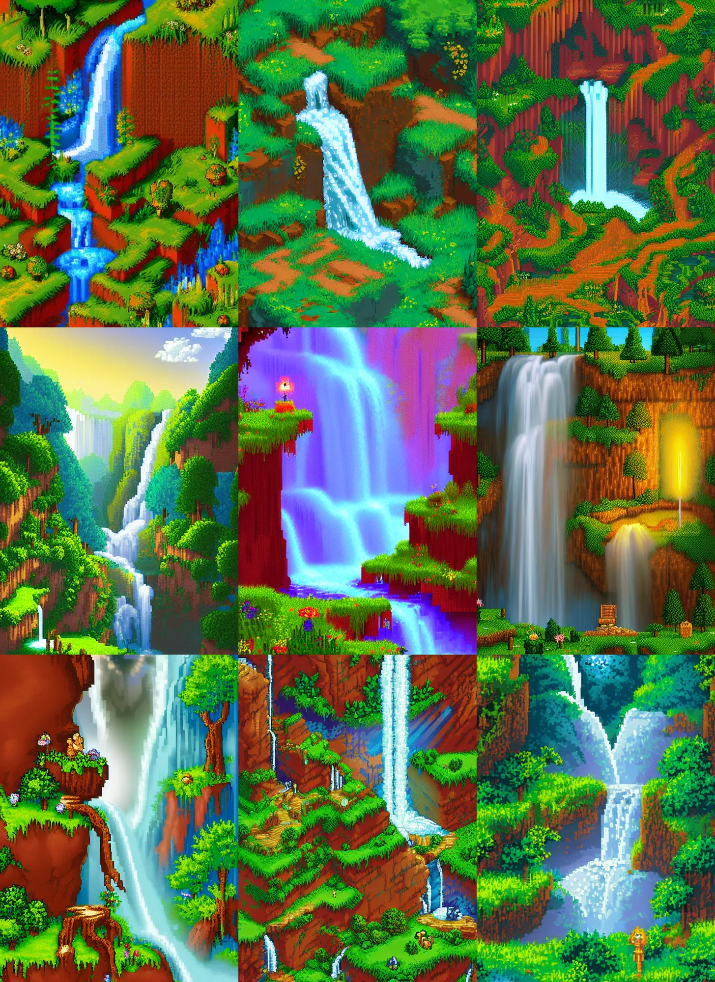 Prompt: view of a light meadow and waterfalls, beautiful detailed pixelart by albertov in the style of quest for glory iii, intricate details, beautiful, dithered, gradients, volumetric lighting, cgsociety, artstation, 2 d