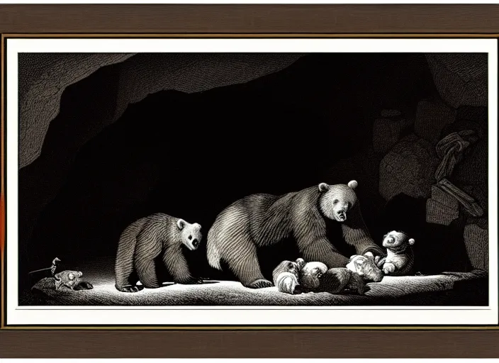 Image similar to Pieter Claesz's 'a bear and her cubs sleeping in a dark cave, lit by hole in roof', night time, cross hatching, framed, monochrome, colours of the sunset