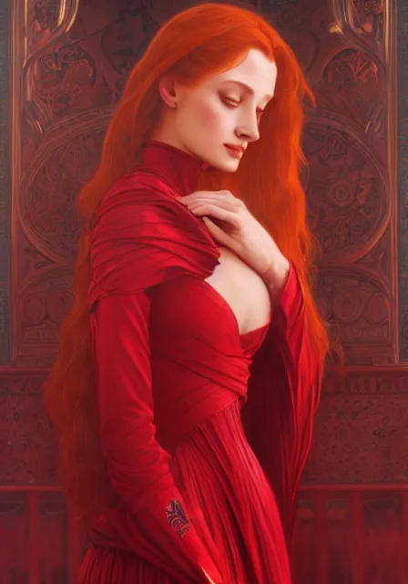 Image similar to sansa angeline jolie gessica chastain in red, intricate, elegant, highly detailed, digital painting, artstation, concept art, smooth, sharp focus, illustration, art by artgerm and greg rutkowski and alphonse mucha and william - adolphe bouguereau