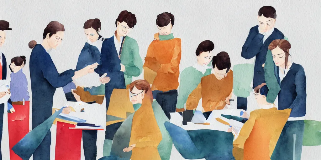 Image similar to watercolor illustration style, group of office workers cats in jackets select a different type of project before start design production, business, inspiring art