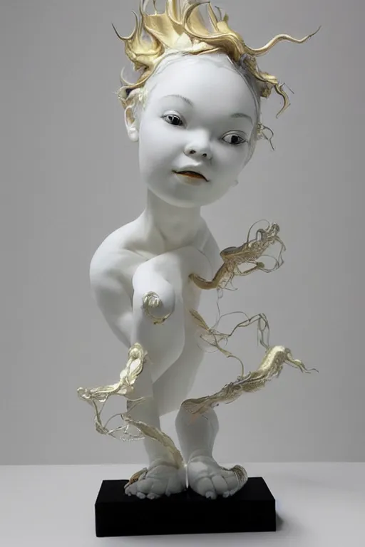 Prompt: full head and shoulders, realistic bjork porcelain ballerina sculpture, smooth, delicate facial features, white eyes, white lashes, detailed white, lots of 3 d gold chinese dragons anatomical, all white features on a white background, by daniel arsham and james jean