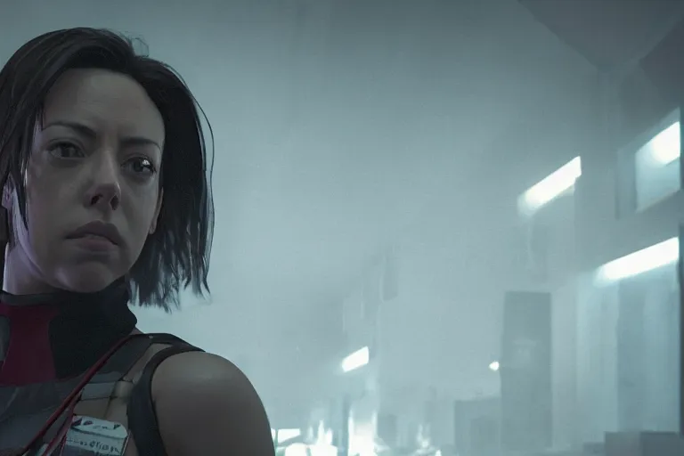 Image similar to a gaming screenshot portrait still of aubrey plaza in resident evil, moebius, greg rutkowski, zabrocki, karlkka, jayison devadas, phuoc quan, trending on artstation, 8 k, ultra wide angle, video game graphics, blue technology sci - fi atmosphere realistic, 3 d game, zenith view, cyberpunk pincushion lens effect