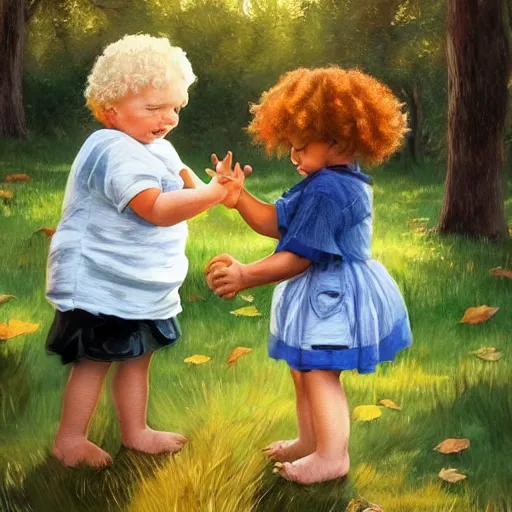 Image similar to a blond white toddler and a black toddler with short curly hair play by a forest and lake, [ oil painting ]!!, trending on cgsociety, 4 k