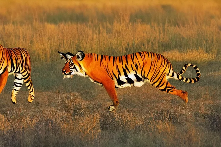 Prompt: two animals in a photo, an antelope and a tiger, the antelope is chasing the tiger, golden hour, 6 0 0 mm, wildlife photo, national geographics