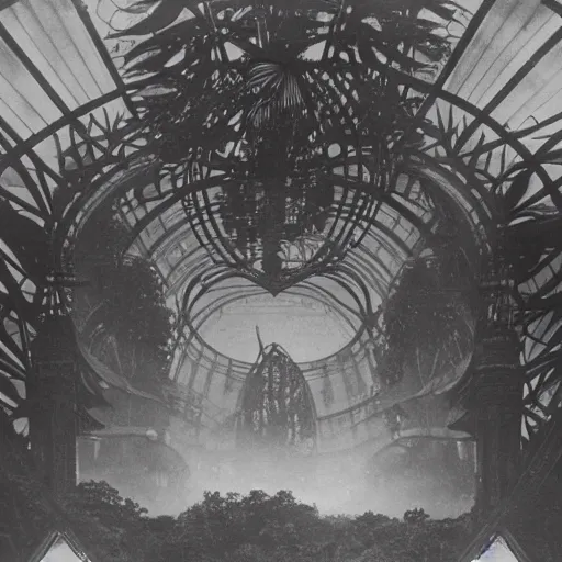 Image similar to 1 9 0 0 s photo overgrown zaha hadid alphonse mucha spaceship high - tech symmetry godrays haze ruins in jungle dripping sunlight