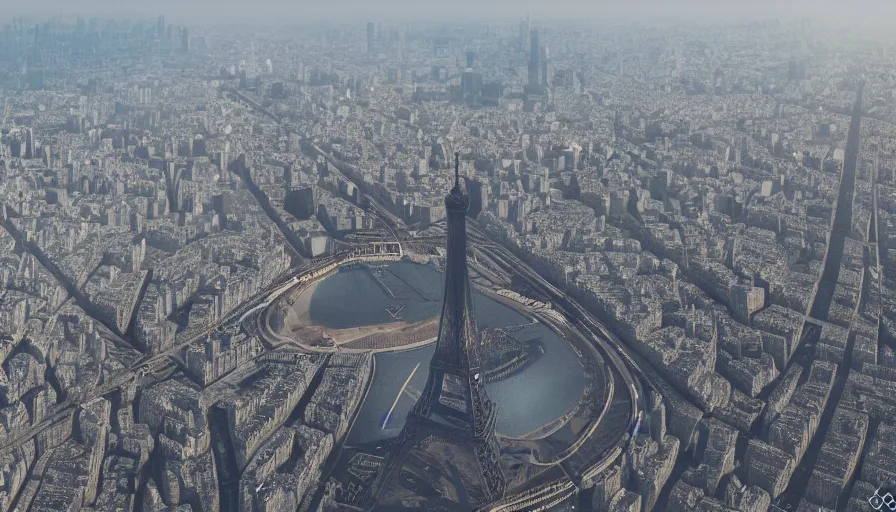 Image similar to olympic games around eiffel tower, wide view, hyperdetailed, artstation, cgsociety, 8 k