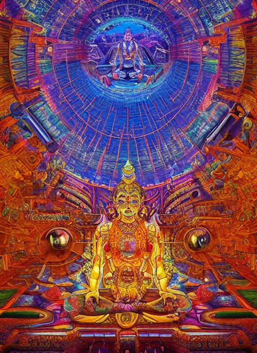 Prompt: breathtakingly beautiful ultrawide angle colour masterpiece weird dream, low angle view from inside a hindu temple, figure meditating close shot, strange beautiful cybertronic temple, incredible sense of depth and perspective and clarity, hyperrealism, realistic, dramatic lighting, leds, arch, symmetry symmetrical, alex grey and moebius and studio ghibli, 8 k