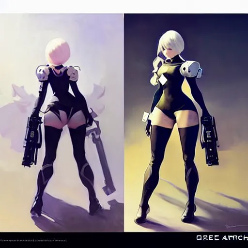 Image similar to greg manchess painting of a 2 yorha type a no. 2 as overwatch character!! with a drone!, white long hair, organic painting, trending on artstation, by huang guangjian and gil elvgren and sachin teng