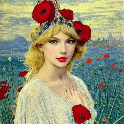 Prompt: taylor swift is a beautiful blonde young woman wearing an elaborate jeweled headdress with poppies dreamlike portrait by frank cadogan cowper, carlos schwabe, william morris, edmund dulac, and alphonse mucha, beautiful refined hyperdetailed dreamscape