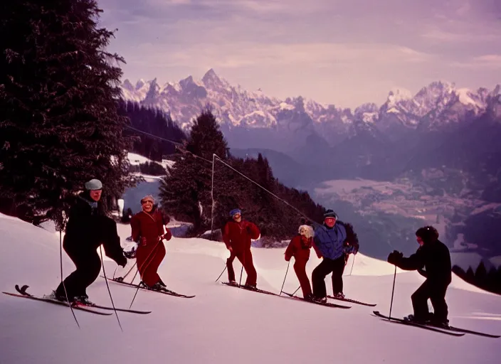 Image similar to a 3 5 mm kodachrome photo of people skiing in the swiss alps in the 1 9 5 0's, bokeh, canon 5 0 mm, cinematic lighting, film, photography, golden hour, depth of field, award - winning