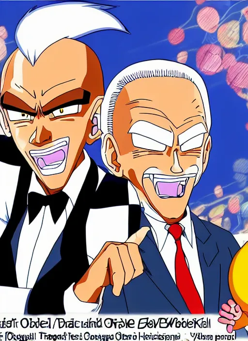 Prompt: : obama trump and biden as anime cartoon character design dragonball z