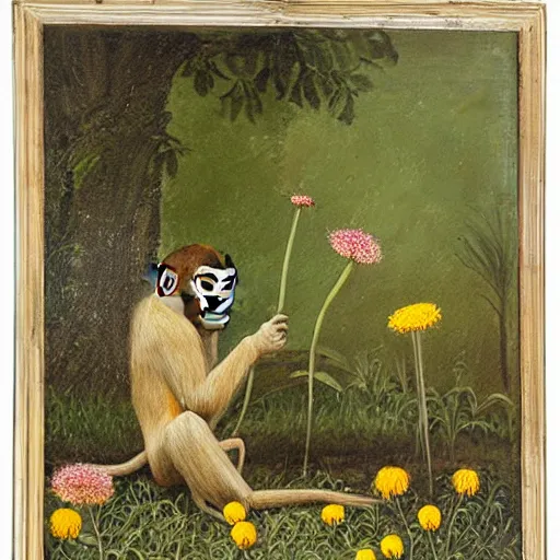 Image similar to photograph of a monkey painting dandelions on a canvas