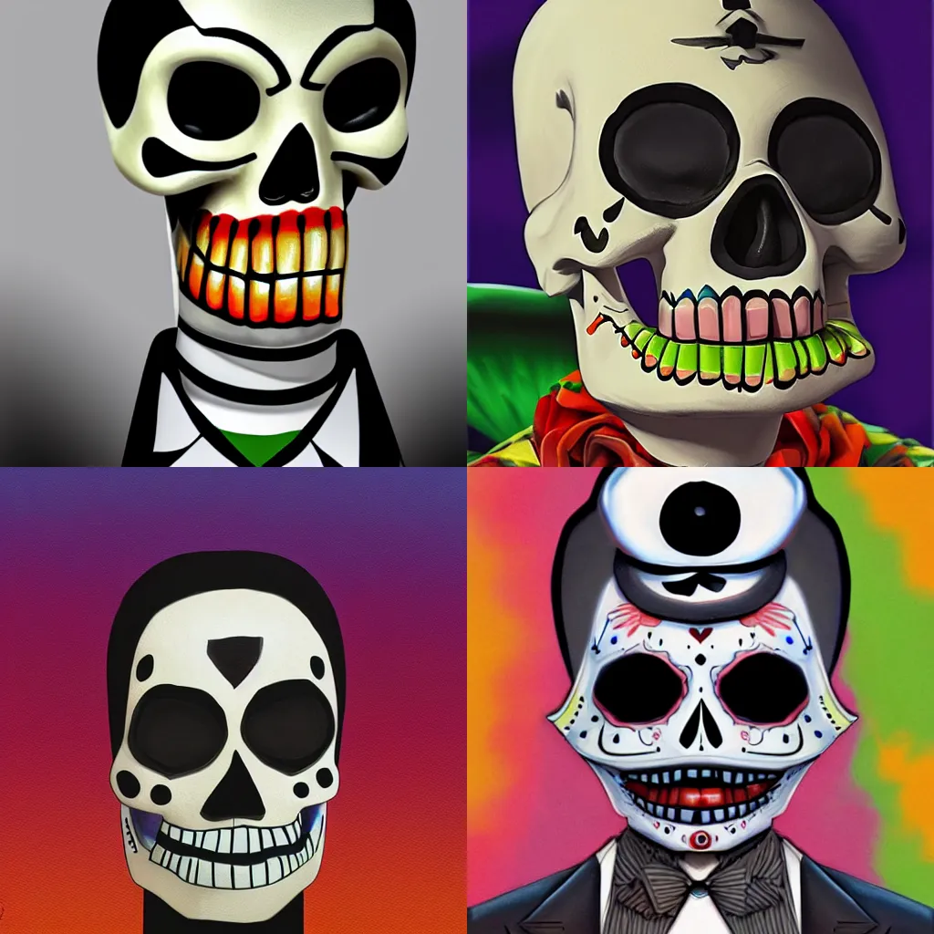 Prompt: a portrait of Manny Calavera from Grim Fandango, hyper realistic, high detail, boxart, sharp focus, colourful, medium shot