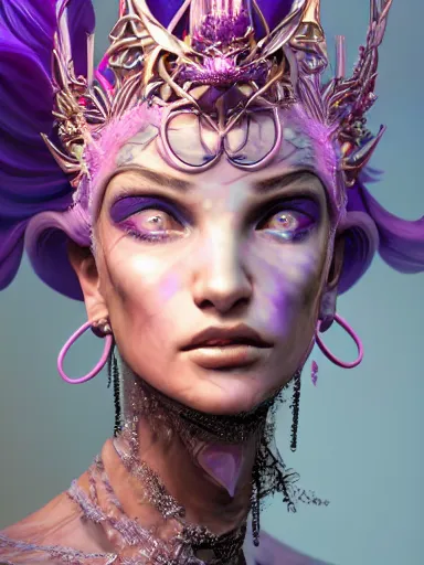 Prompt: portrait of young beautiful female angel queen face wearing shiny pink crown, subtle purple accents, hyper details, black metal rococo, sculpted by Alex Alice, Craig Mullins, yoji shinkawa, trending on artstation, beautifully lit, Peter mohrbacher, hyper detailed, insane details, intricate, elite, elegant, luxury, ray of light through smoke, CGsociety, hypermaximalist, golden ratio, background urban cityscape, night, neofuture, volumetric, octane render, weta digital, micro details, 3d sculpture