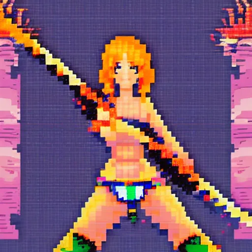 Image similar to pixel art, 32-bit pixel art, barbarian girl, electrified hair, prehistoric fantasy, palm trees