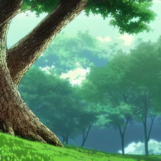 Image similar to big white whale flying near giant tree in the green field, anime, HD,