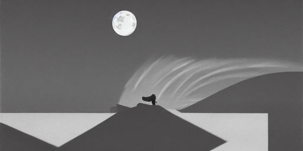 Image similar to incredible full page illustration, moon hitting earth, Edward Hopper and James Gilleard Zdzis, black and white