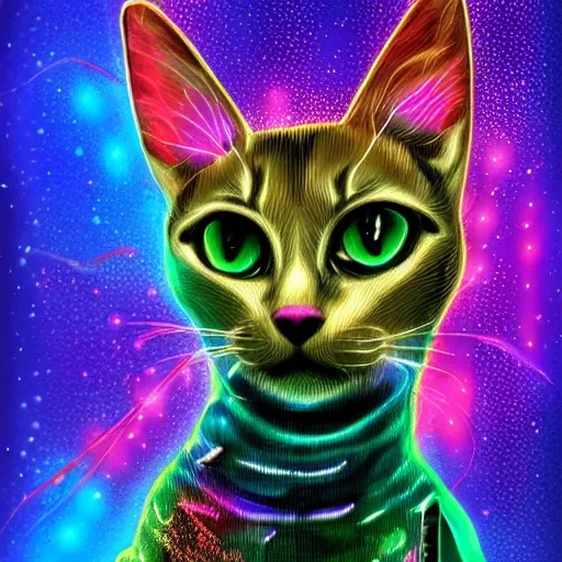 Image similar to cyberpunk excited Abyssinian cat underwater, sparkly, colorful, cyberpunk digital painting