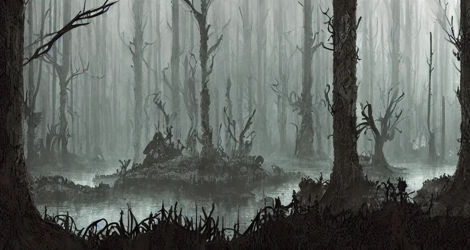 Image similar to A dense and dark enchanted forest with a swamp, by Ian McQue
