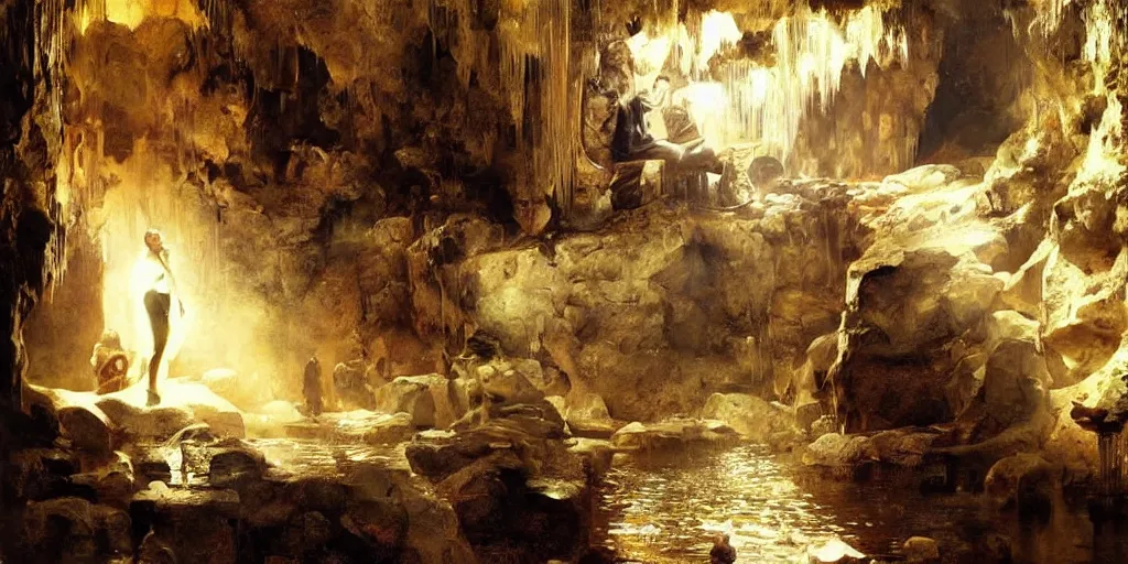 Image similar to beautiful oil painting, high details, a cave full of gold and diamonds, a true cavern of ali - baba by anders zorn, wonderful masterpiece by greg rutkowski, beautiful cinematic light, american romanticism, by giger, rolf armstrong, ernie barnes