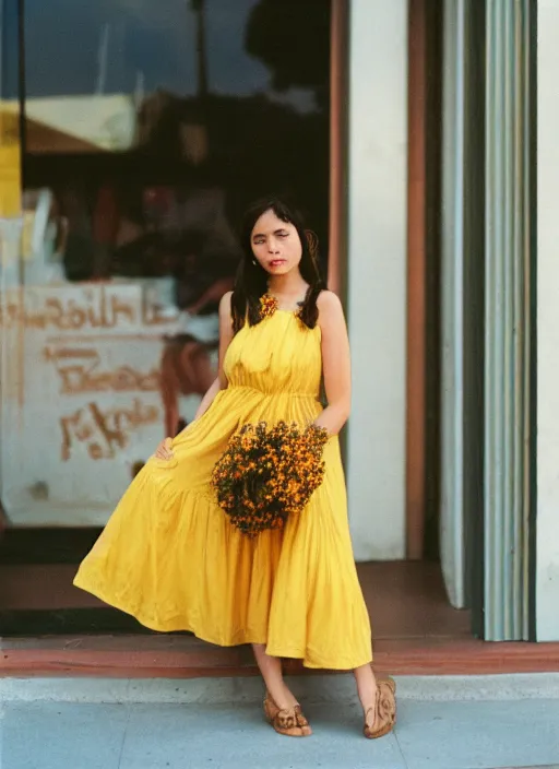 Prompt: a beautiful brown hair woman in a yellow sun dress in downtown Los Angelas, 50mm lens, Kodak Portra 400 film