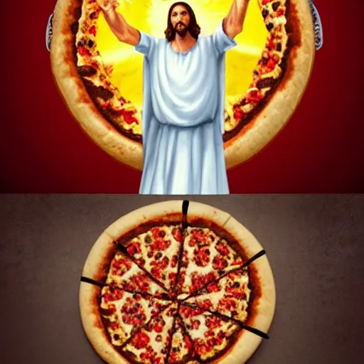 Prompt: jesus using a pizza as a frisbee, digital art, trending on artstation