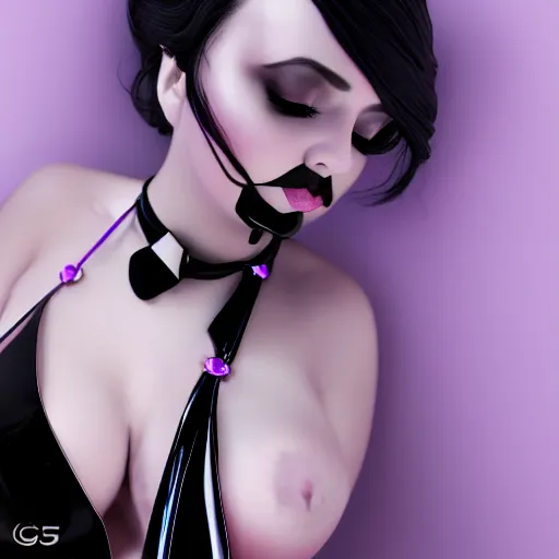 Image similar to curvy feminine goth woman with dignified elaborate tight purple-black-silver nylon and latex ballroom gown, black choker necklace, amorous posture, photorealistic, cgsociety, sublime, 16k, smooth, sharp focus, ArtStation, hyperdetailed, volumetric lighting