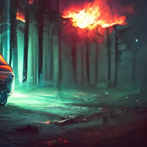 Prompt: cyberpunk car on fire in the middle of the woods at night fire fiery sci fi advance