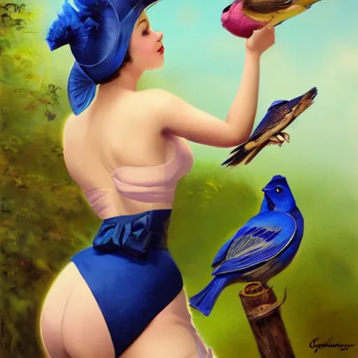 Image similar to pinup girl holding an indigo bunting, bird, the bird is wearing a crown and bowtie by greg rutkowski, rossdraws, gil elvgren, enoch bolles, anime, very coherent