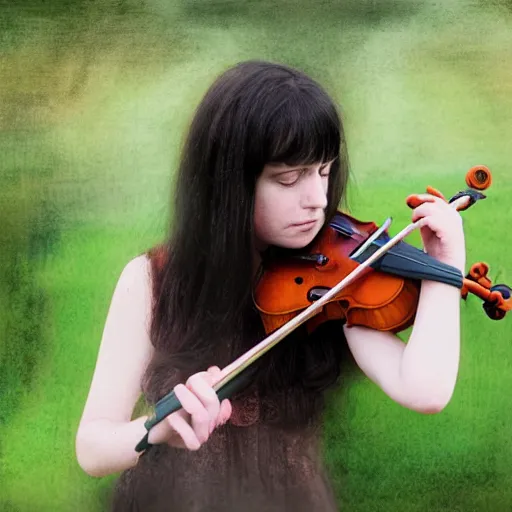 Prompt: irish girl, detailed, black hair, a gate, in a field playing violin, sharp focus, portrait, smooth, watercolour