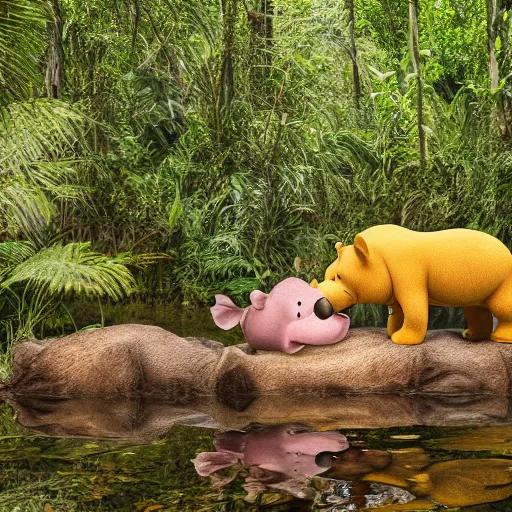 Image similar to Winnie the Pooh kissing a hippo in the jungle. Sony a7r IV, symmetric balance, polarizing filter, Photolab, lightroom, 8k, award-winning