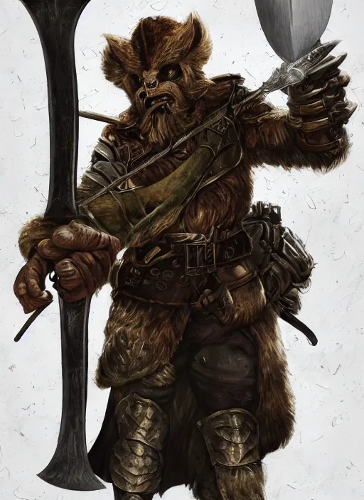 Image similar to strong young man, photorealistic bugbear ranger holding aflaming sword, black beard, dungeons and dragons, pathfinder, roleplaying game art, hunters gear, jeweled ornate leather and steel armour, concept art, character design on white background, by alan lee, norman rockwell, makoto shinkai, kim jung giu, poster art, game art