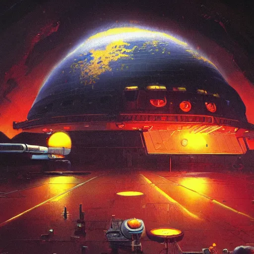 Image similar to a dark and colorful close - up of a sci - fi moon base with led lights glowing fog in the background. highly detailed science fiction painting by norman rockwell, frank frazetta, and syd mead. rich colors, high contrast, gloomy atmosphere, dark background. trending on artstation