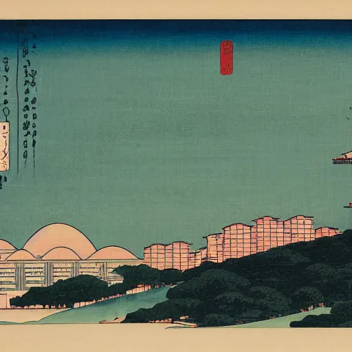 Image similar to ukiyo - e painting of the skyline of singapore public housing