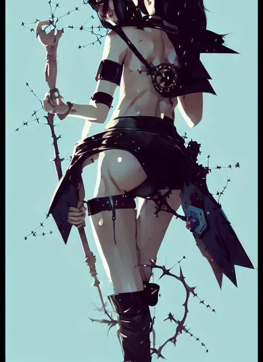 Image similar to cute goth maiden girl with crown of thorns and white short hairs, dressed in leather belts, warhammer, cyberpunk, by atey ghailan, by greg rutkowski, by greg tocchini, by james gilleard, by joe gb fenton, by kaethe butcher, dynamic lighting, gradient light blue, brown, blonde cream and white color in scheme, grunge aesthetic