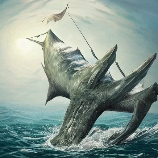 Image similar to hyper realistic sea monster with harpoons sticking out of it's skin