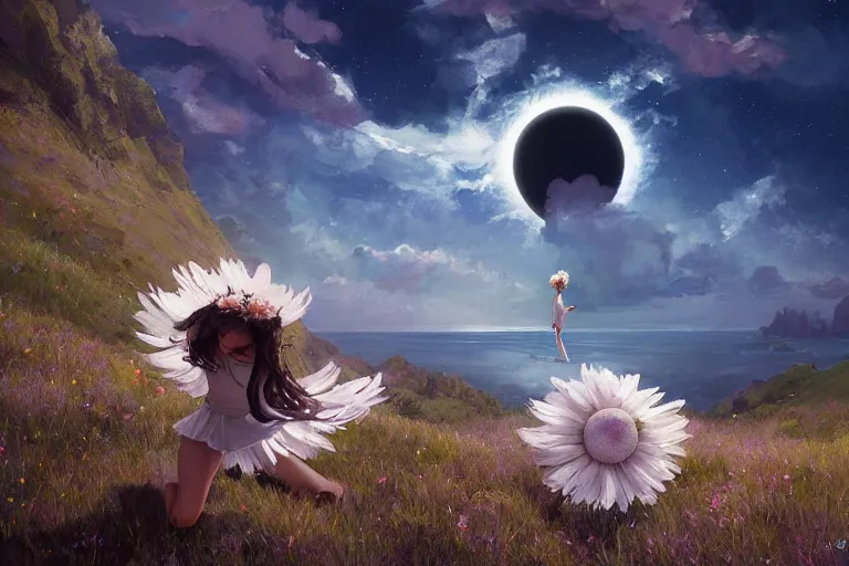 Image similar to giant white daisy flower crown on head, girl dancing on cliff, surreal photography, solar eclipse, milky way, dramatic light, impressionist painting, clouds, digital painting, artstation, james gilleard, liam wong, jeremy mann, simon stalenhag