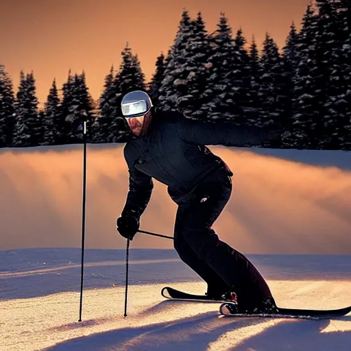 Prompt: jason statham skiing, full body shot, cinematic lighting, studio quality